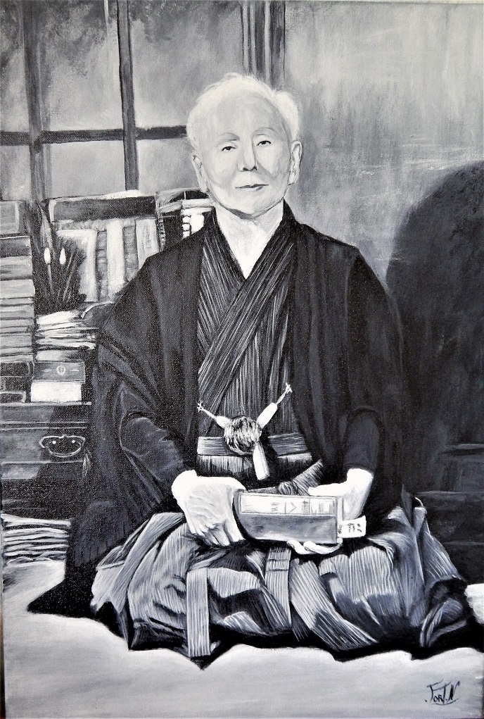 Le maitre  du Karaté GICHIN FUNAKOSHI  Peinture acrylique noir et blanc