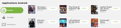 La section « Action » des Applications Android de Mobijeux