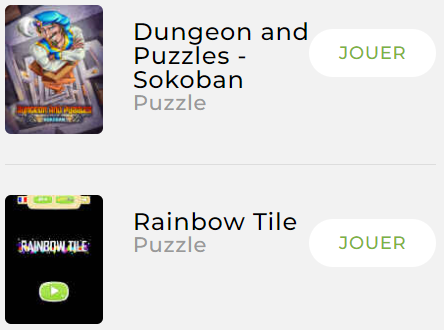 L’affiche des jeux « Dungeon and Puzzles – Sokoban » et « Rainbow Tile »