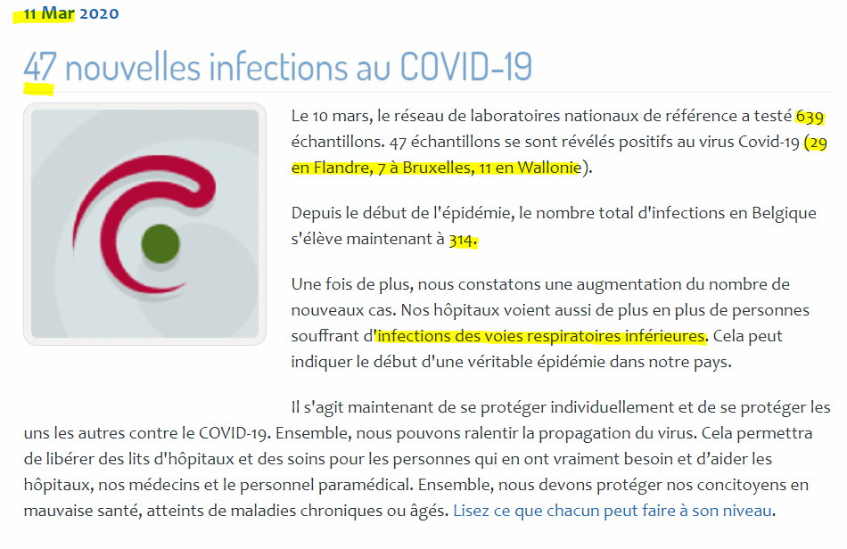 47 Nouvelles infections COVID-19 11 Mars 2020