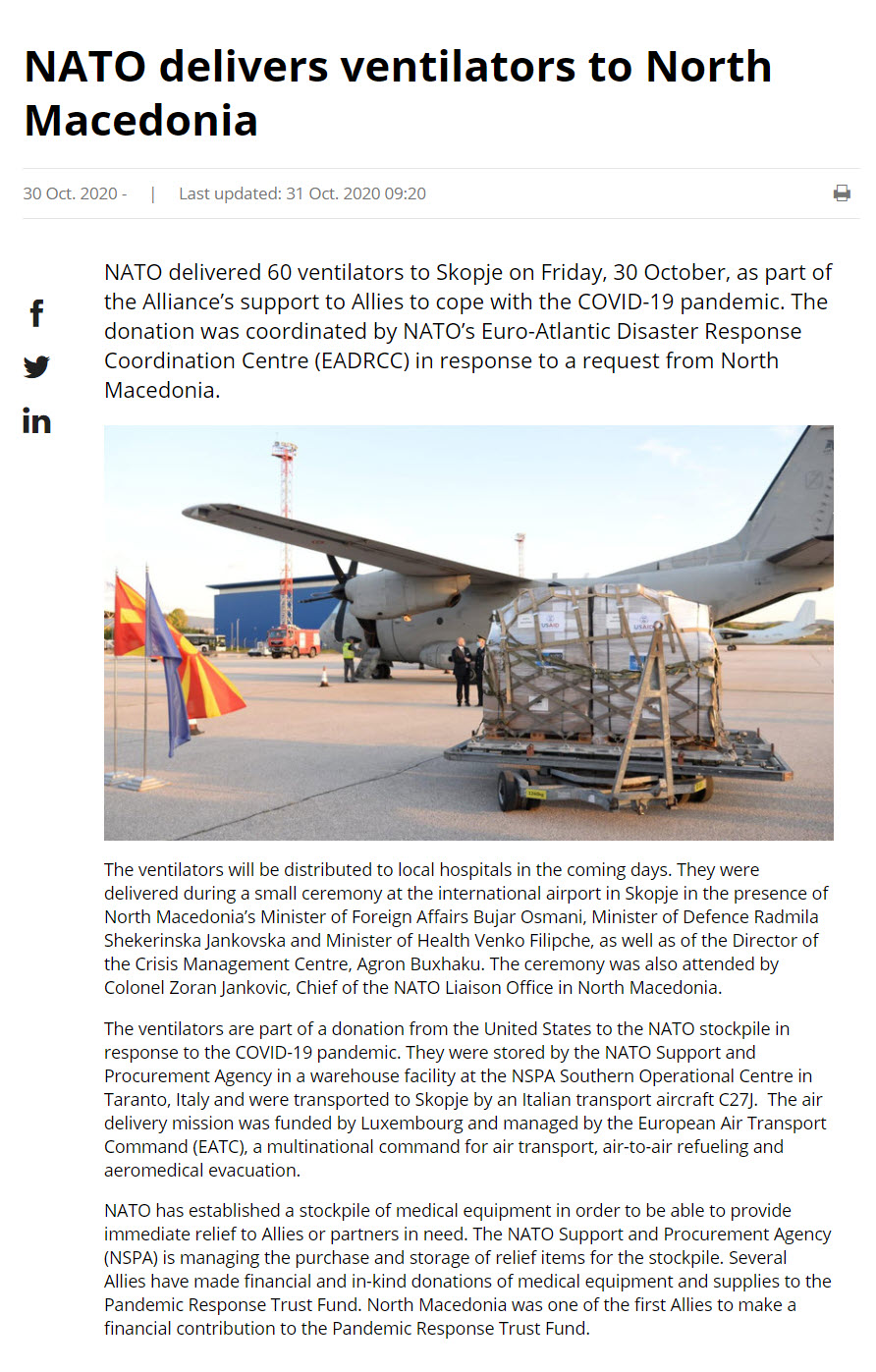 NATO delivers to Macedonia on 20 October - 3 nov