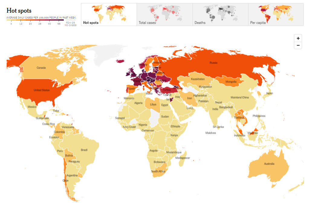 World map of hot spots for Coronavirus