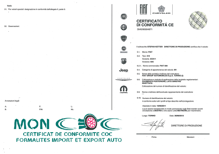 Certificat de Conformité Fiat Gratuit pour voiture importée Fiat