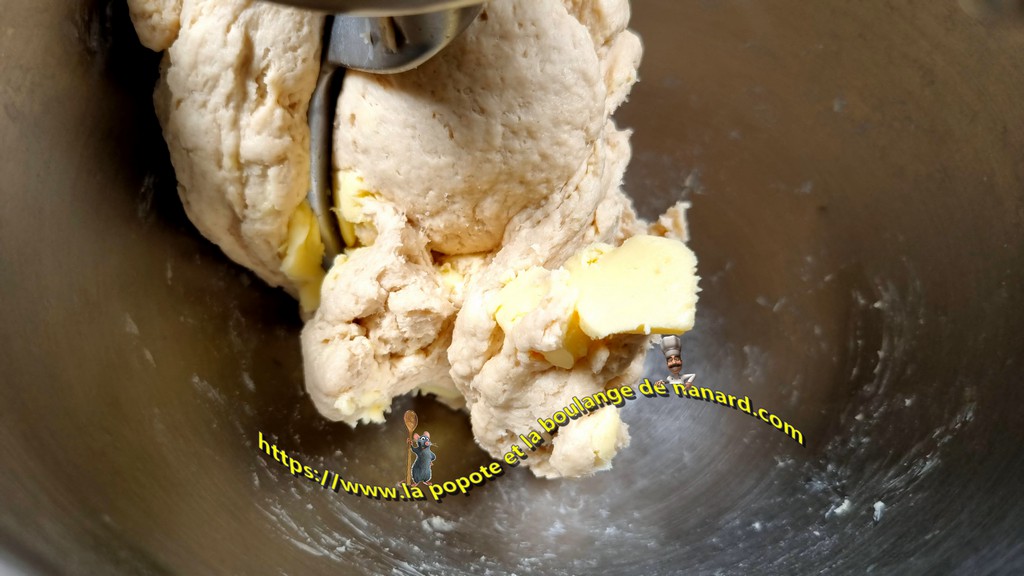 Ajouter le beurre froid en morceaux petit à petit tout pétrissant à vitesse 1