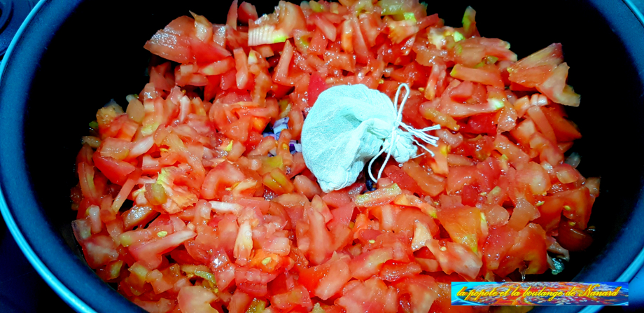 Ajouter les tomates et la mousseline contenant les épices