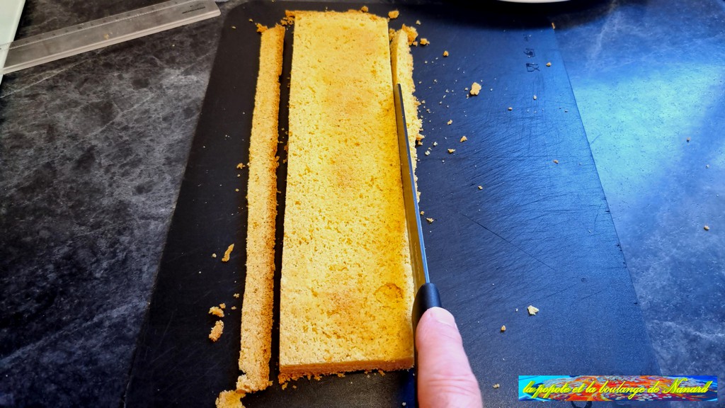 Découper les bords du biscuit tout en l\\\'ajustant aux dimensions intérieures du moule à bûche