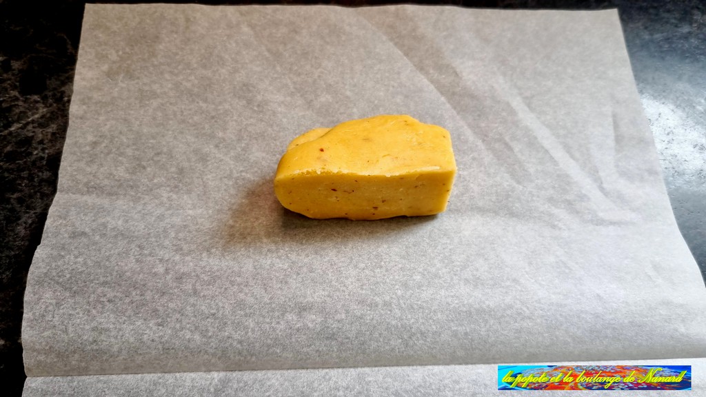Déposer un morceau de pâte de 100 gr environ sur un papier sulfurisé