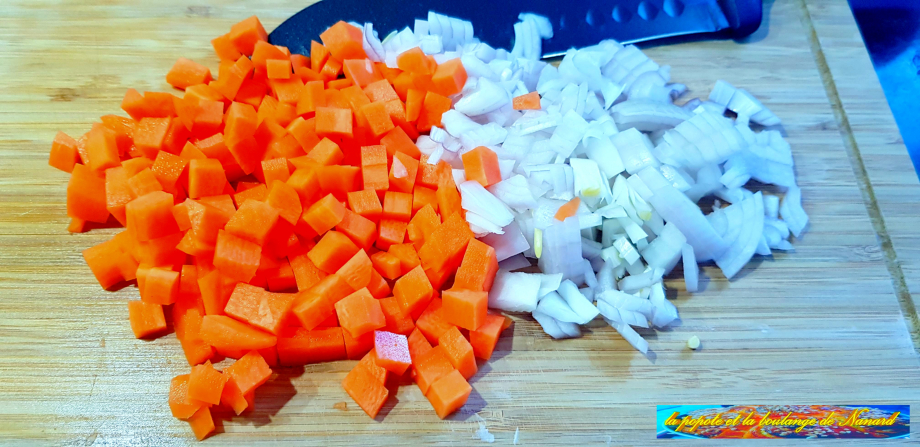 Éplucher puis couper la carotte et l\\\'oignon en dés