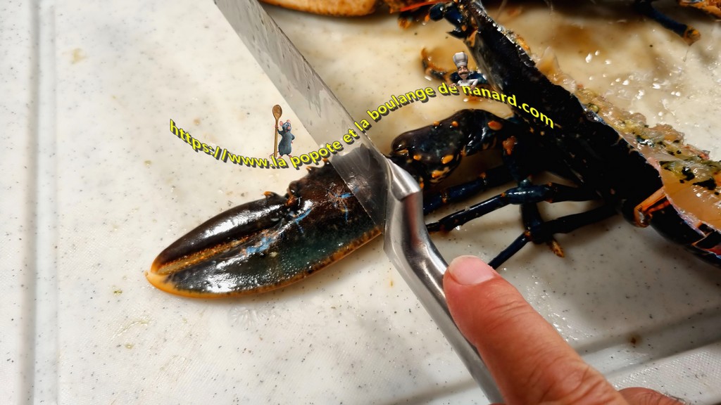 Fendre les pinces du homard avec le dos du couteau pour aider la cuisson