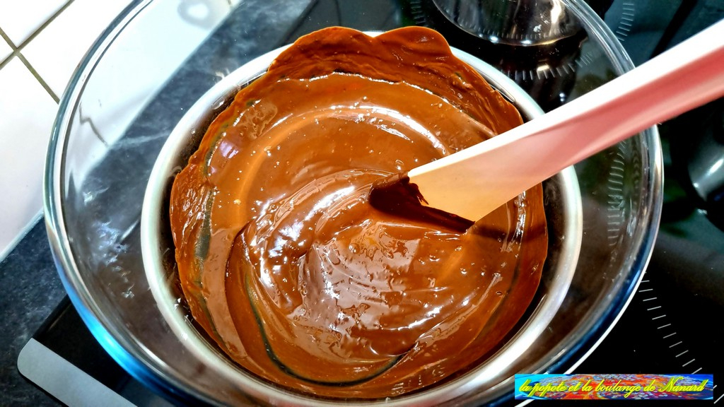 Mélanger le chocolat noir à la spatule pour le lisser puis le laisser refroidir jusque 30°C environ hors du bain-marie