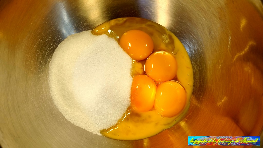 Mettre les œufs entiers, les jaunes et le sucre dans un cul de poule