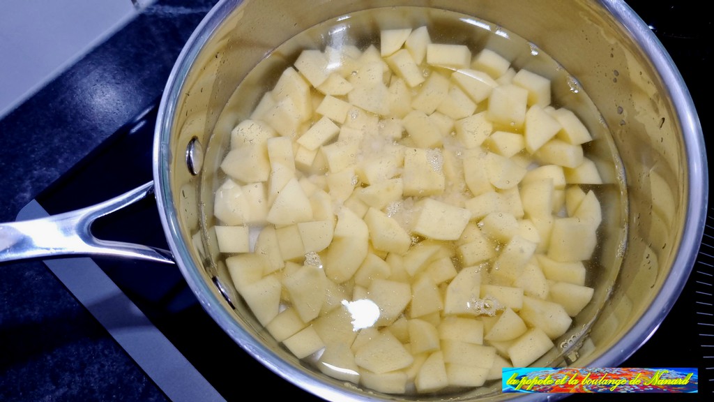 Mettre les pommes de terre avec une poignée de gros sel dans une casserole puis recouvrir d\\\'eau froide