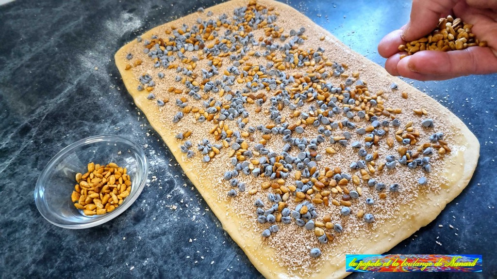 Répartir les graines de tournesol caramélisées sur toute la surface de la pâte