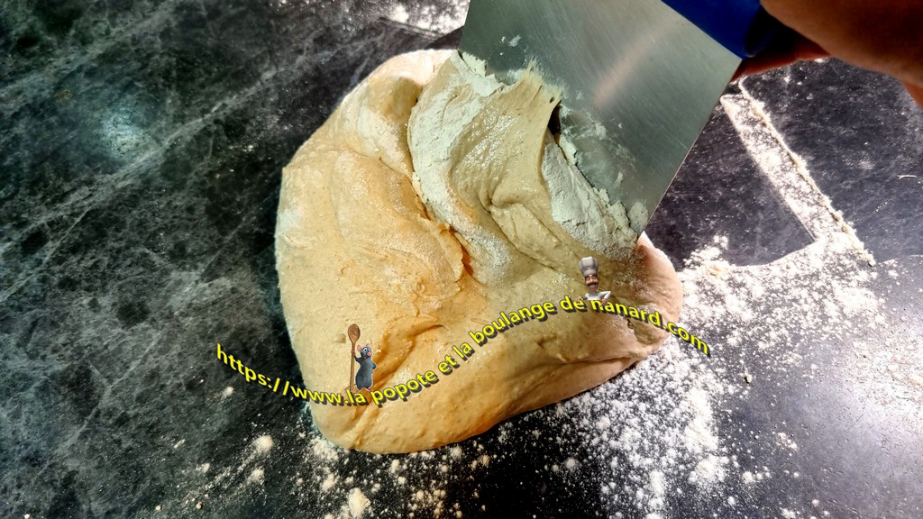 Replier la pâte plusieurs fois sur elle même à l\\\'aide d\\\'un coupe pâte ou d\\\'une corne pendant 3 à 4 minutes