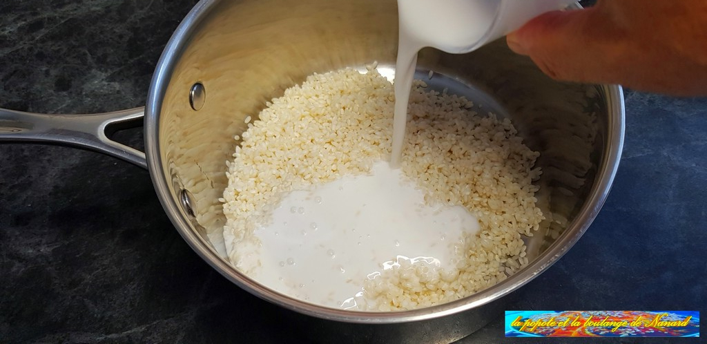 Verser le lait de coco sur le riz