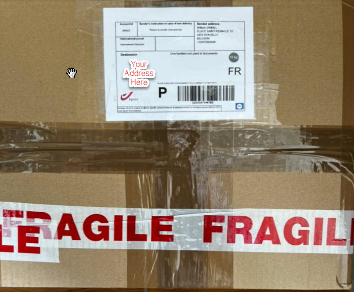 Shipping Box with My Address and Your Address And Fragile tape
