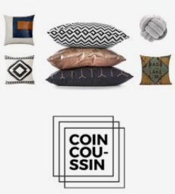 Divers modèles de coussins et le logo de Coin Coussin