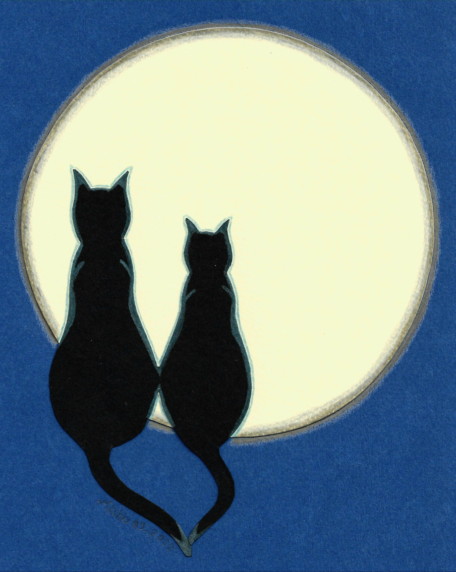 Couple de chats contemplant la pleine lune - 09