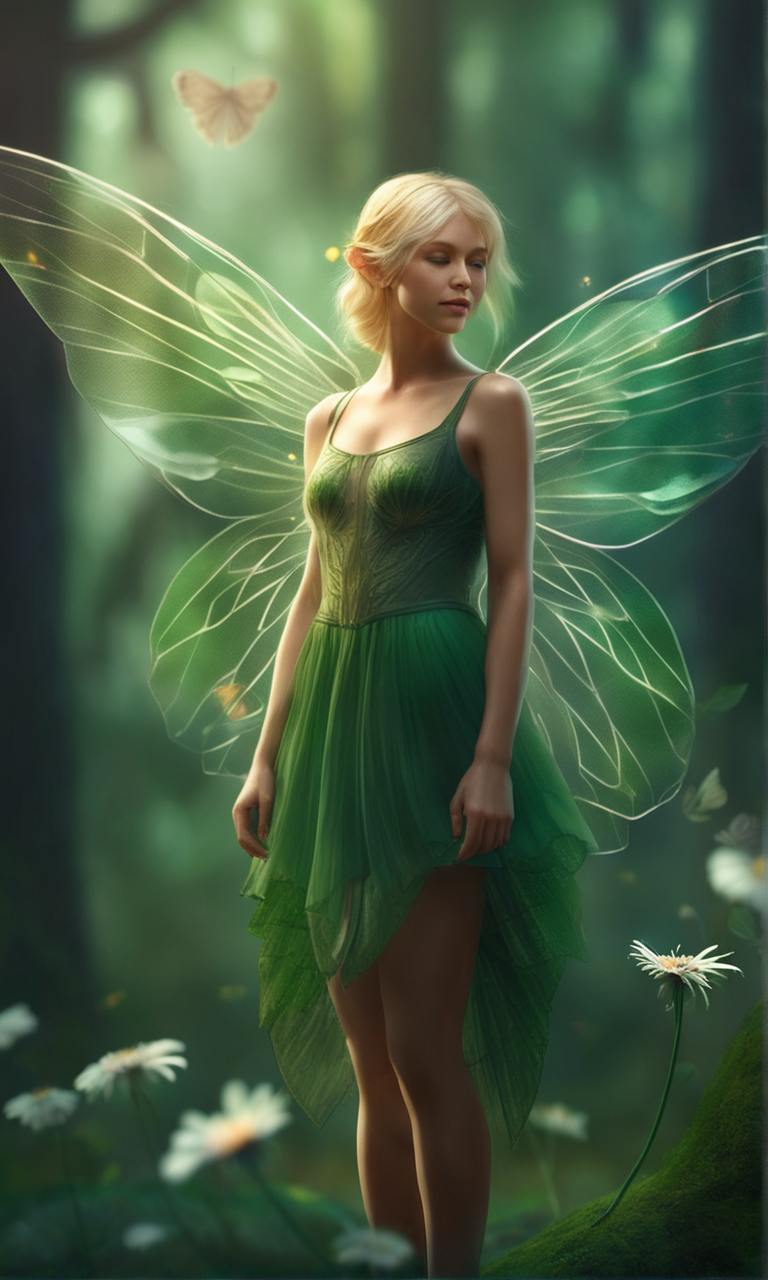 an-fairy-wearing-green-short-dress-airy-dress-in-a-forest-transparent-wings-magical-sharp-foc-933140797