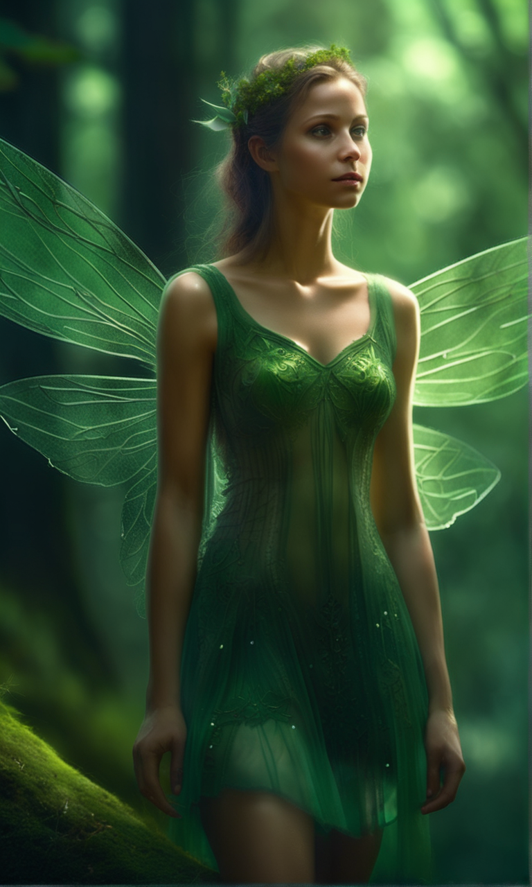 an-fairy-wearing-green-short-dress-airy-dress-in-a-forest-transparent-wings-magical-sharp-foc-950830052