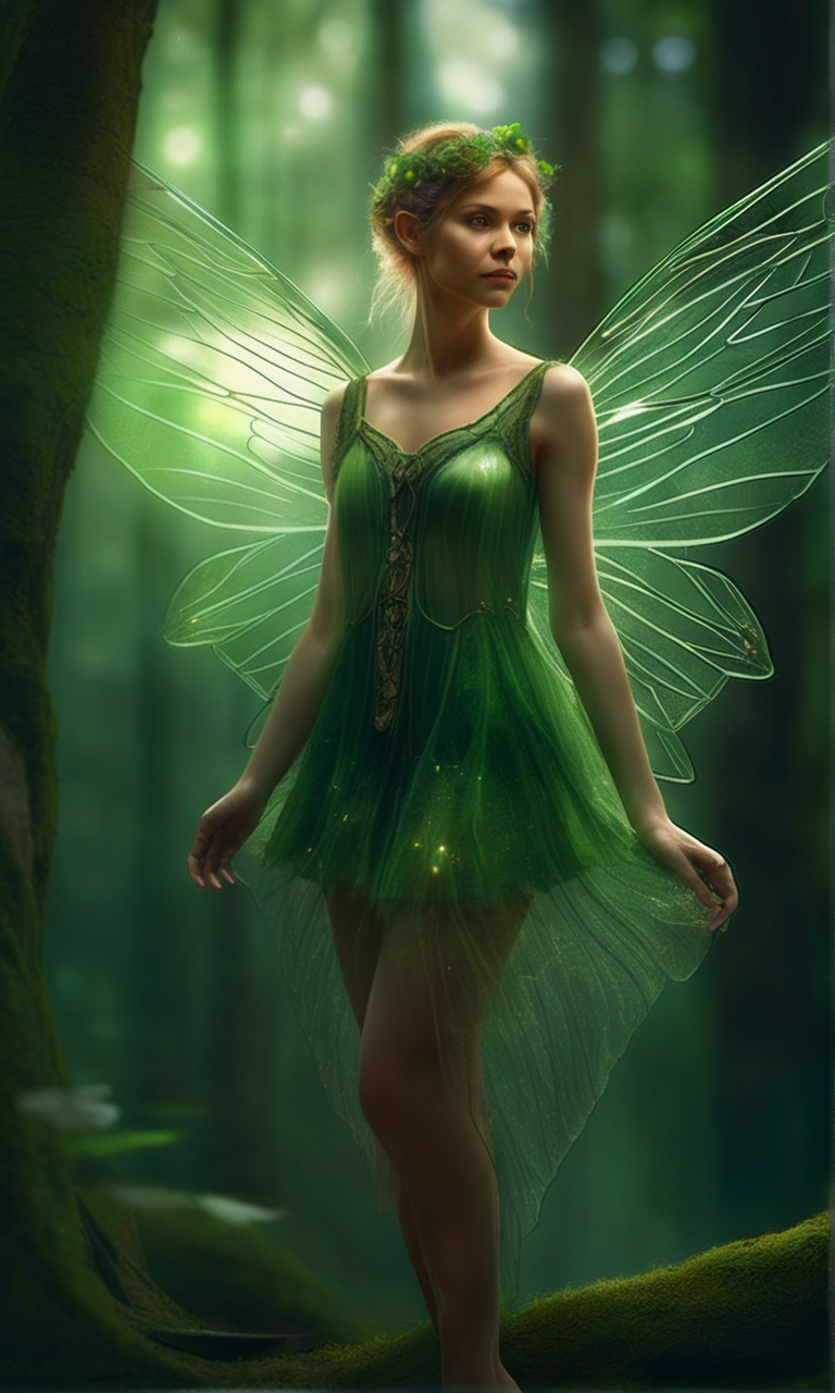 an-fairy-wearing-green-short-dress-airy-dress-in-a-forest-transparent-wings-magical-trending--197555165