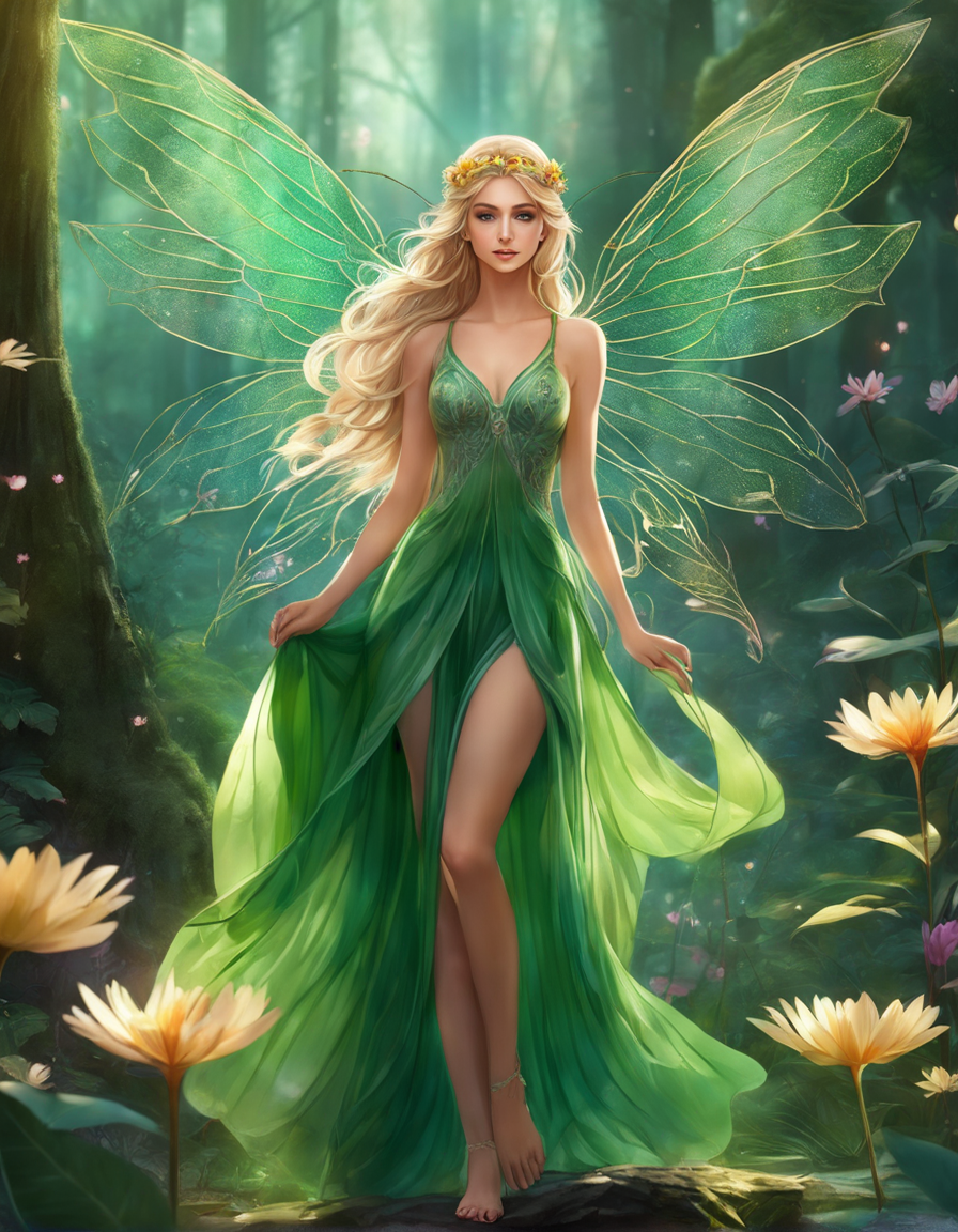 an-young-fairy-wearing-green-short-dress-long-airy-dress-in-a-forest-transparent-wings-full-bo-881556165