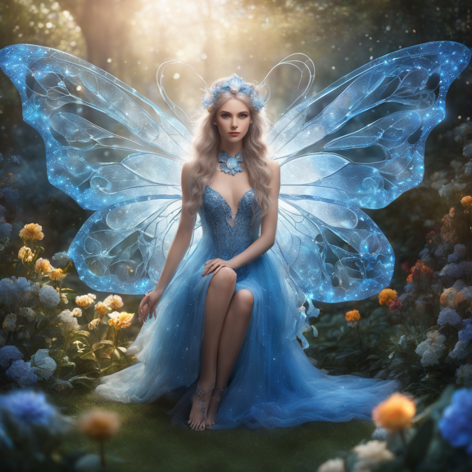 symetrical-fairy-with-large-crystal-butterfly-wings-and-glowing-snowy-hair-wearing-blue-dress-in-an-727248870