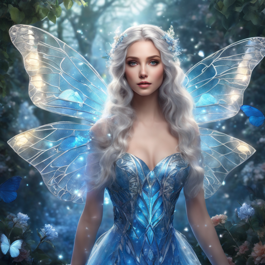 symetrical-fairy-with-large-crystal-butterfly-wings-and-glowing-snowy-hair-wearing-blue-dress-in-an-957193899