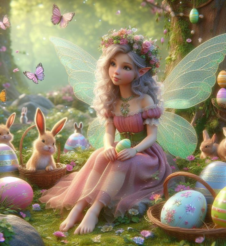 The Easter Fairy sitting in her forest of Easter eggs