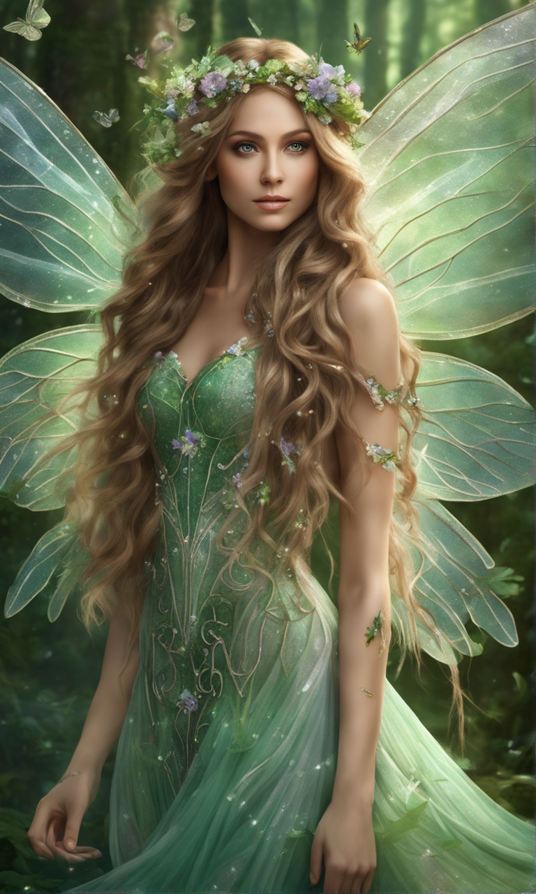 woodland-fairy-in-a-dress-flyiing-with-green-eyes-and-long-hair-with-small-flowers-in-hair-big-fair-387768613