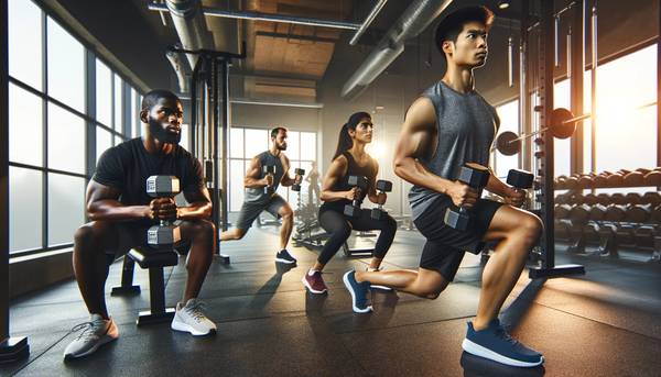 Gym setting with diverse individuals performing pre-fatigue muscle training