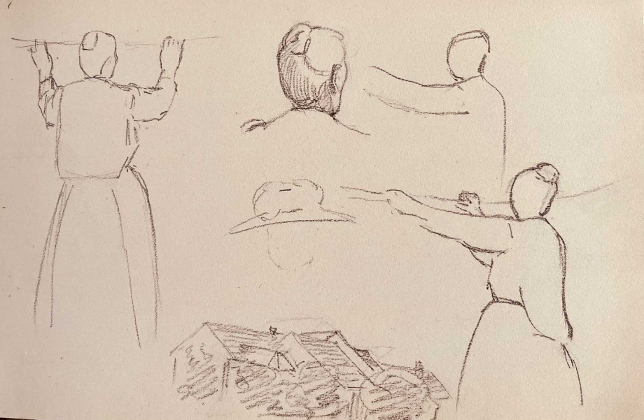 Esquisses femme étendant linge