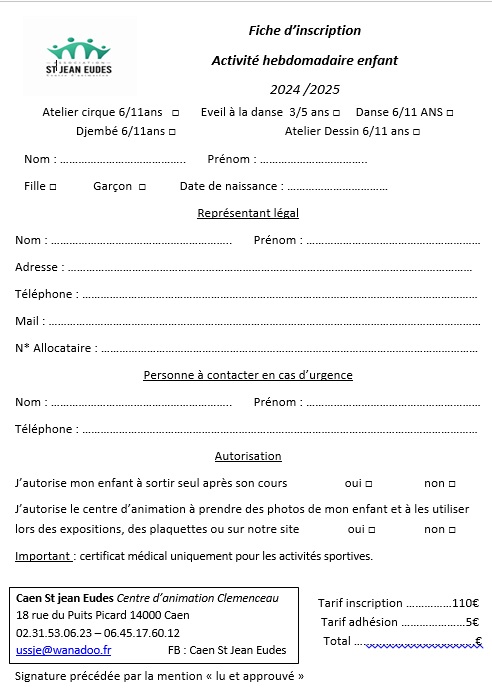 Fiche inscription activite hebdo