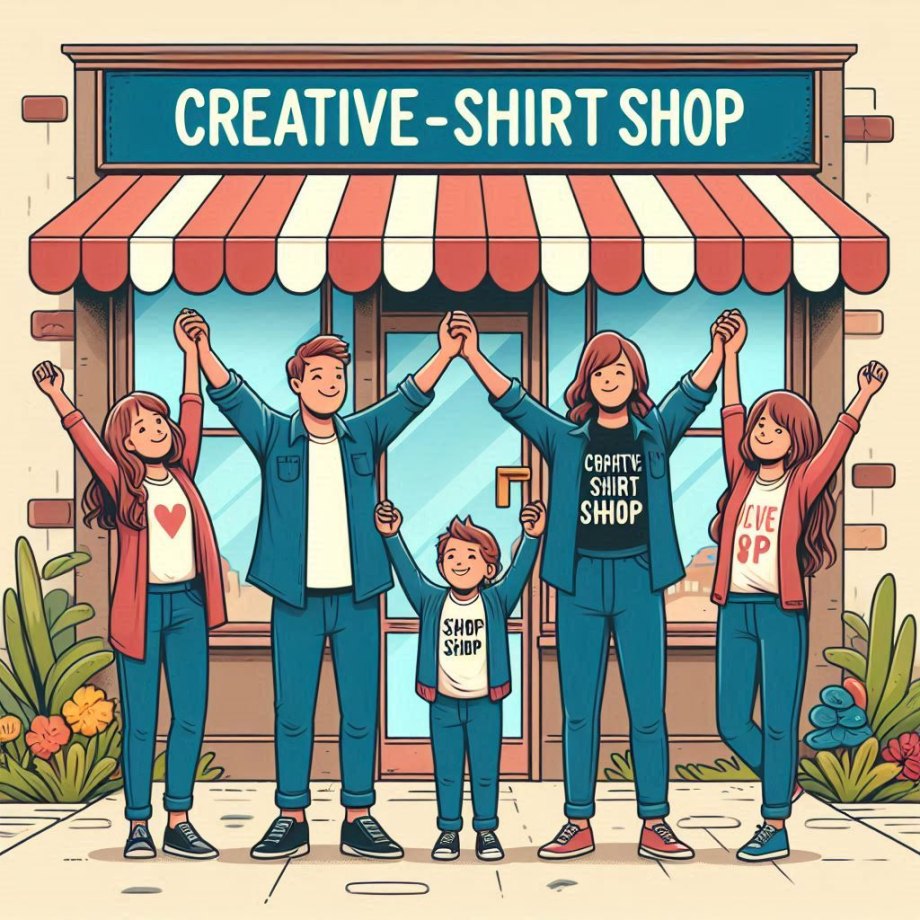 A family standing together in front of a shop, holding hands and smiling, with the shop sign reading _Creative-ShirtShop_, symbolizing unity and triumph over adversity