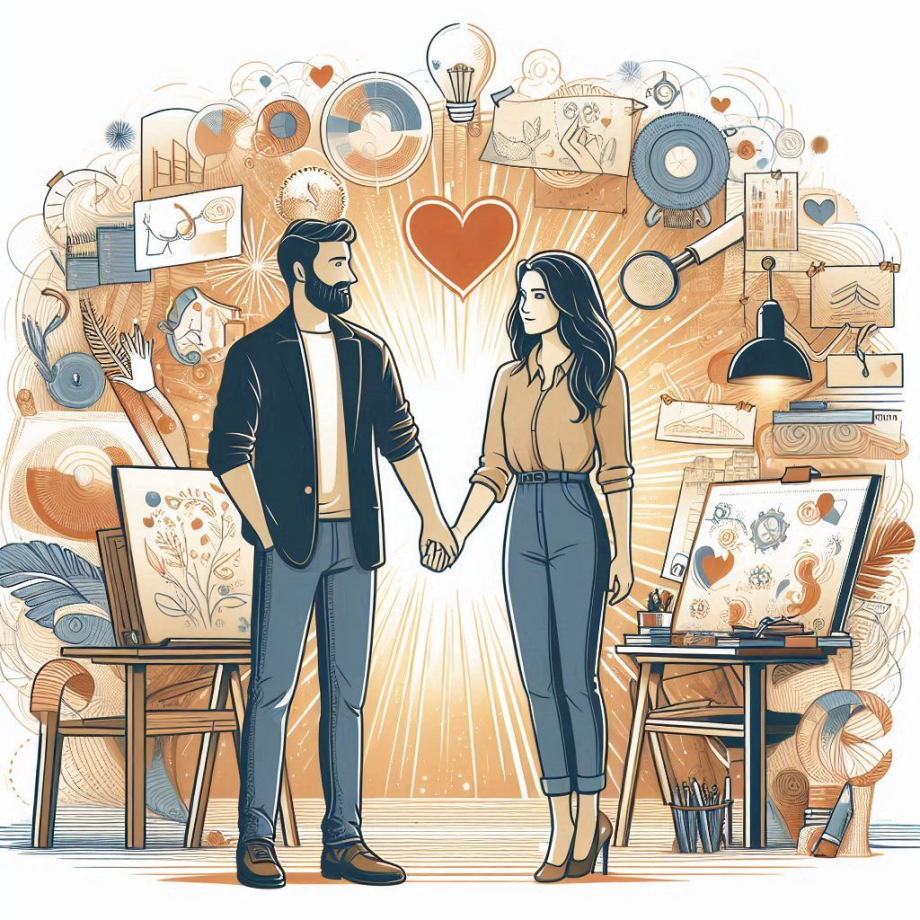 A heartfelt illustration of unconditional support_ a woman standing beside a man, holding his hand, with a backdrop of a creative studio filled with sketches and designs, symbolizing love and partnership in overco