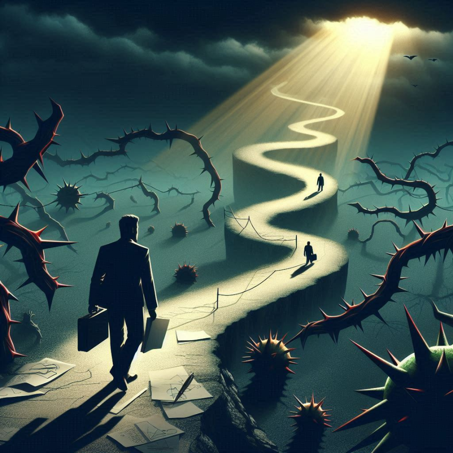 A symbolic representation of an entrepreneur\\\'s journey_ a man walking on a winding path filled with obstacles like thorns and shadows, but illuminated by a distant light, carrying a sketchbook and a sewing machine