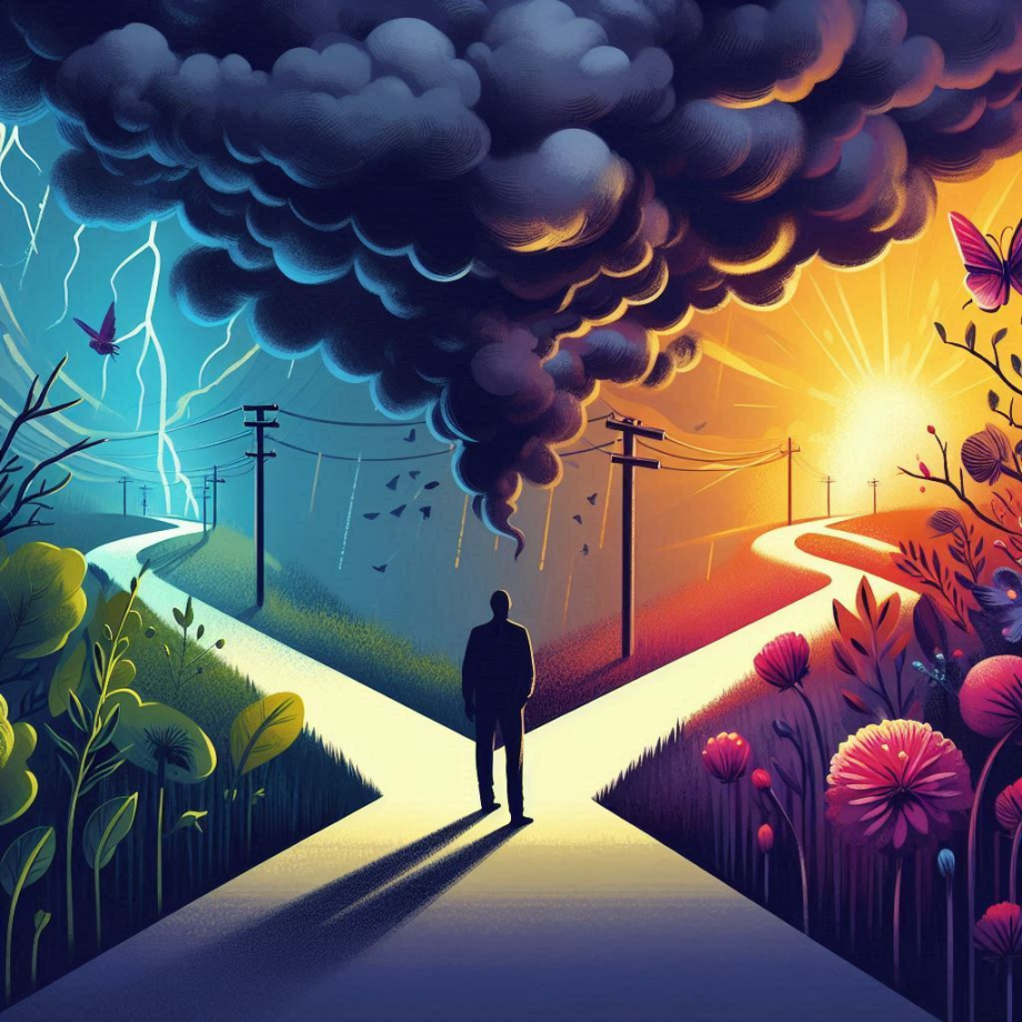 A transformative illustration_ a person standing at a crossroads, with one path leading to challenges represented by dark clouds and thorns, and the other path illuminated by vibrant colors and blooming flowers, s