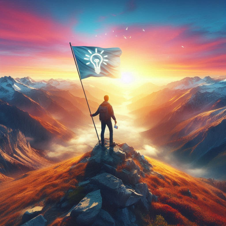 A triumphant and inspiring image_ a person standing on a mountain peak at sunrise, holding a flag with a symbol of resilience and creativity, overlooking a vast and colorful landscape, symbolizing victory over lif